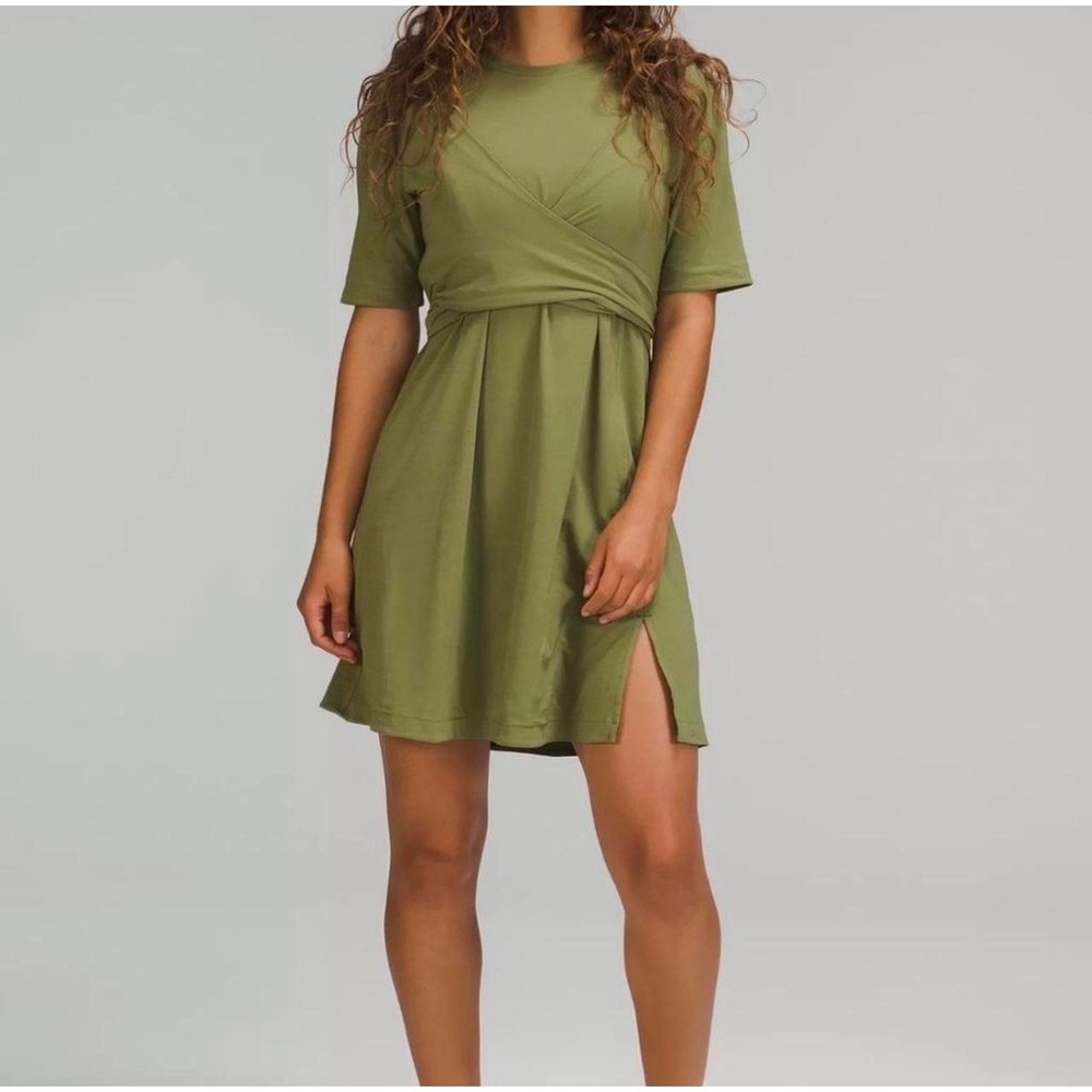 Lululemon Cotton Wrap Front T-Shirt Dress Olive Bronze Green Cotton Mini Size 2